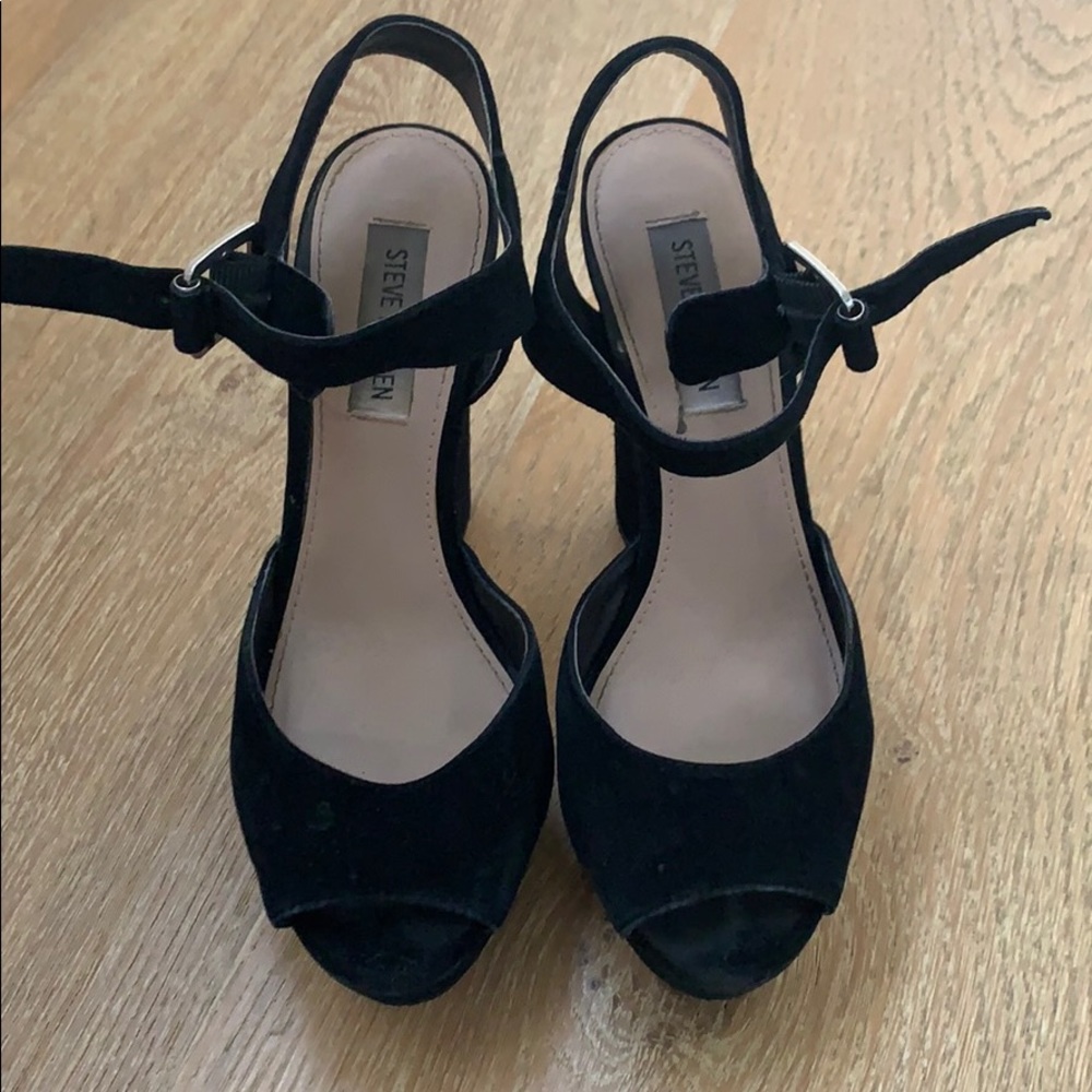 Black suede open toe platform heel & ankle strap